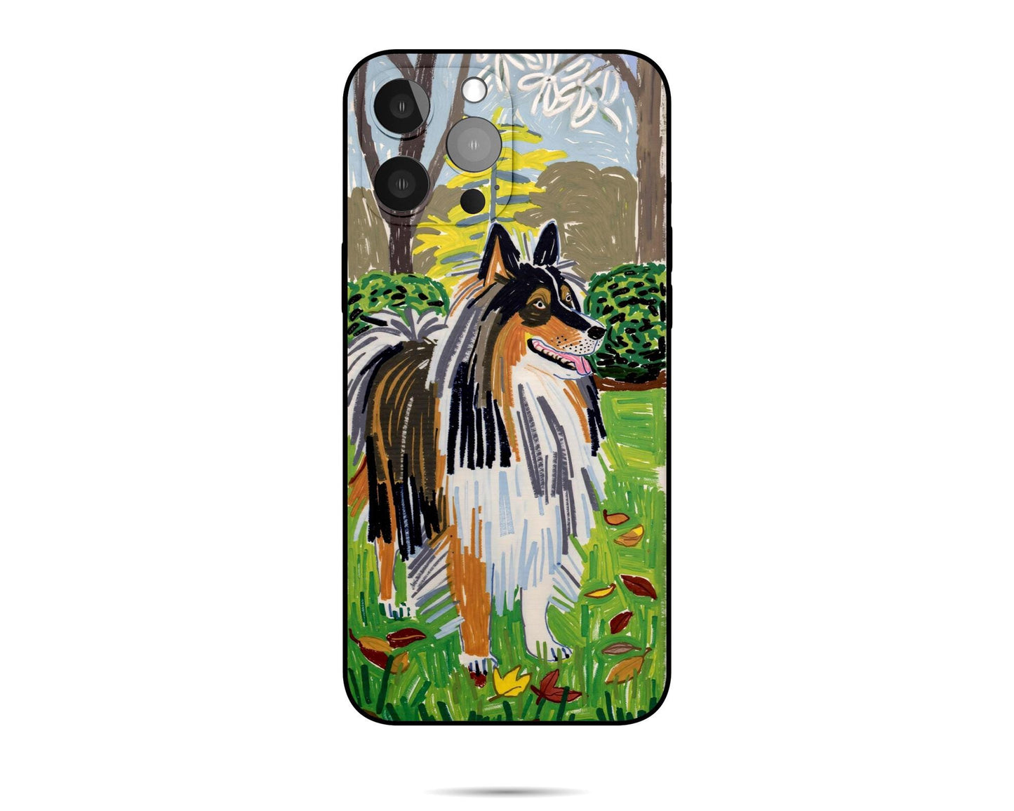 A custom pet portrait iPhone case featuring a vibrant illustration of a Collie standing in a yard with autumn leaves, creating a unique and personalized accessory.