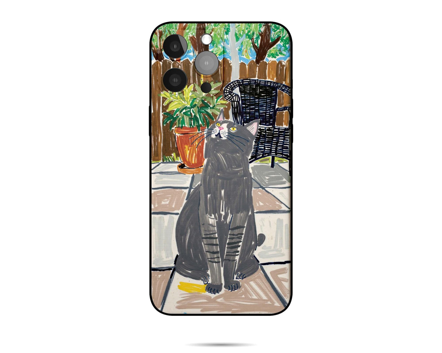 A custom pet portrait iPhone case featuring a charming illustration of a gray cat sitting on a patio, looking up at a plant, creating a unique and personalized accessory.