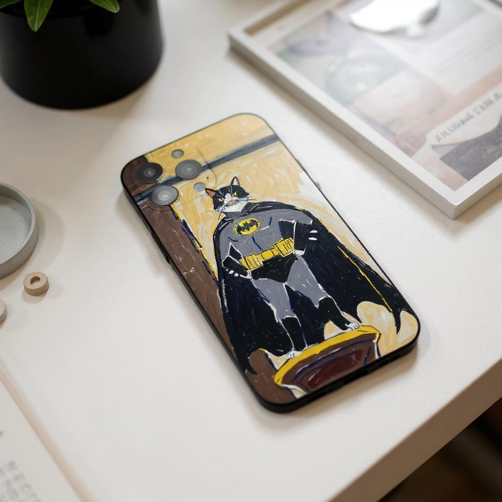 A custom pet portrait iPhone case depicting a black and white cat dressed as Batman, standing on a pedestal with hands on hips and a determined expression.
