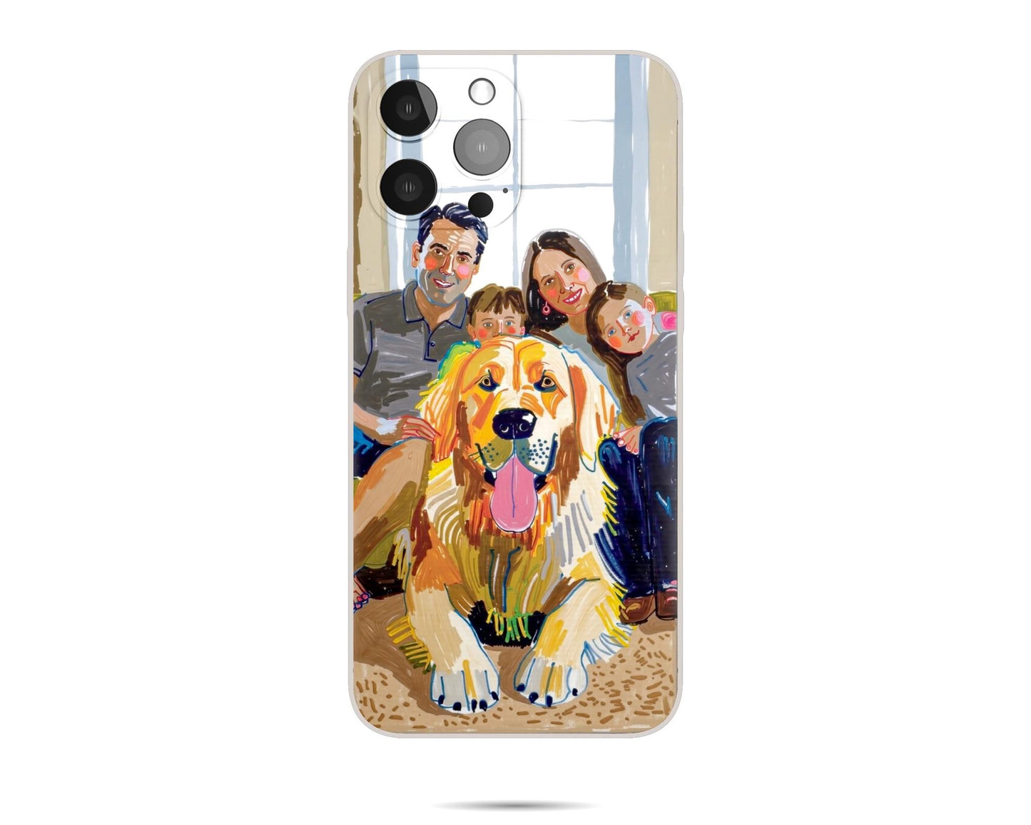 iPhone case featuring a hand - painted golden retriever and four family members. Cheerful, modern, abstract feel with bold colors. Indoor - like setting, clear camera module visible.