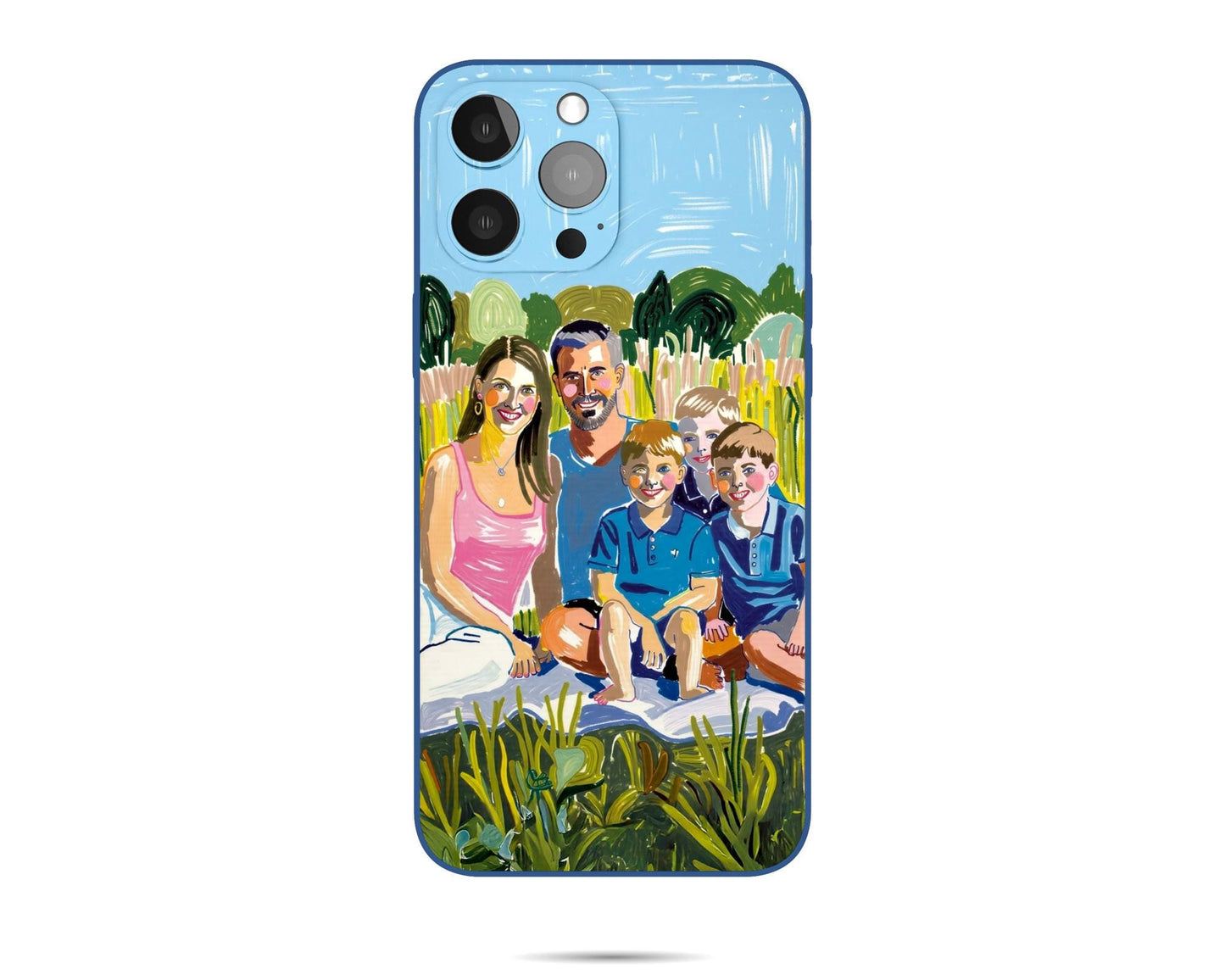 Glossy iphone case with a hand - painted family of five in a green outdoor scene. Loose, expressive style, bold colors. Precise camera cutout, great for family memories.