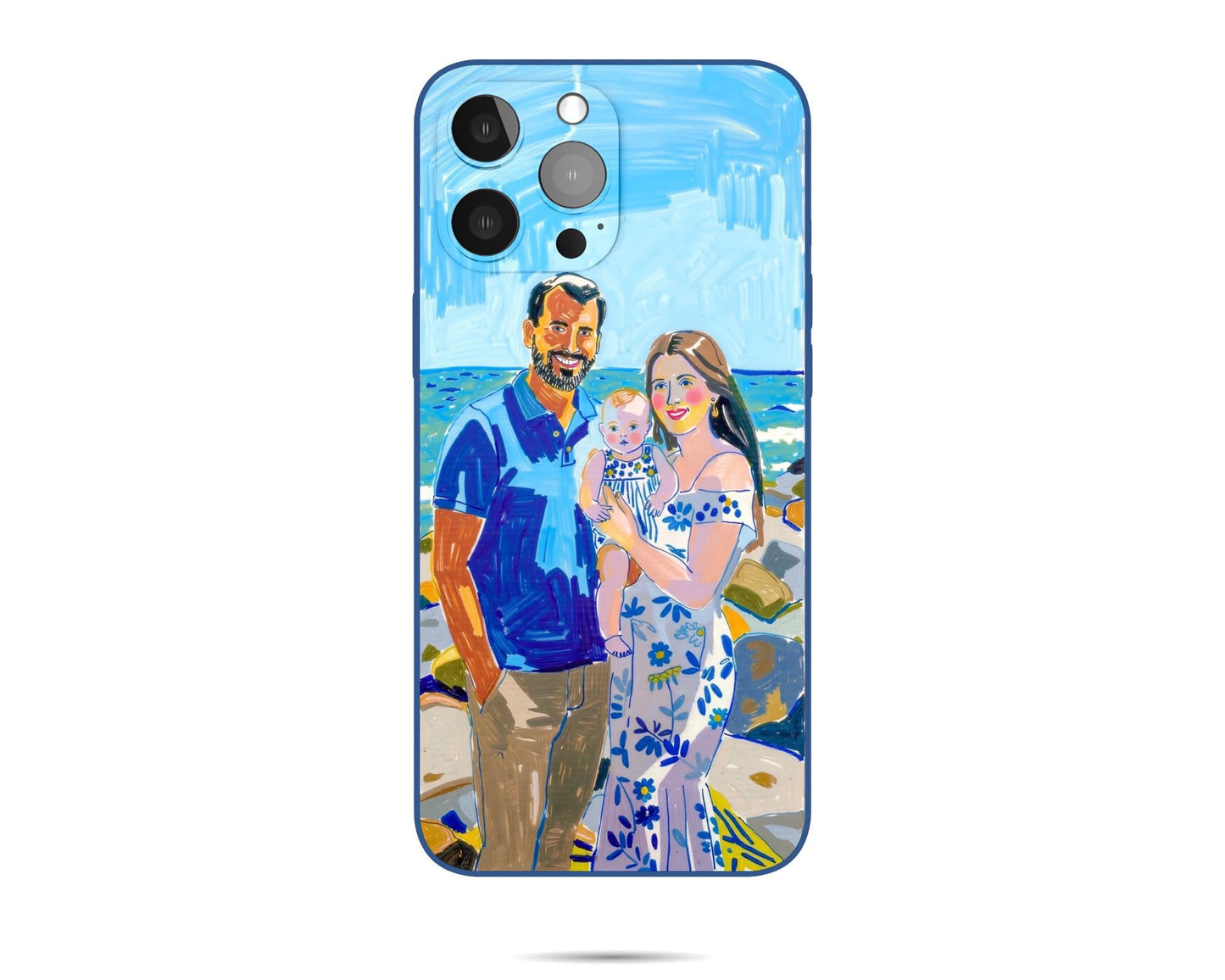 iPhone case with a hand - painted couple and baby on a beach. Bold, abstract lines, lively blues and whites. Central focus, coastal backdrop, perfect wedding/family gift.