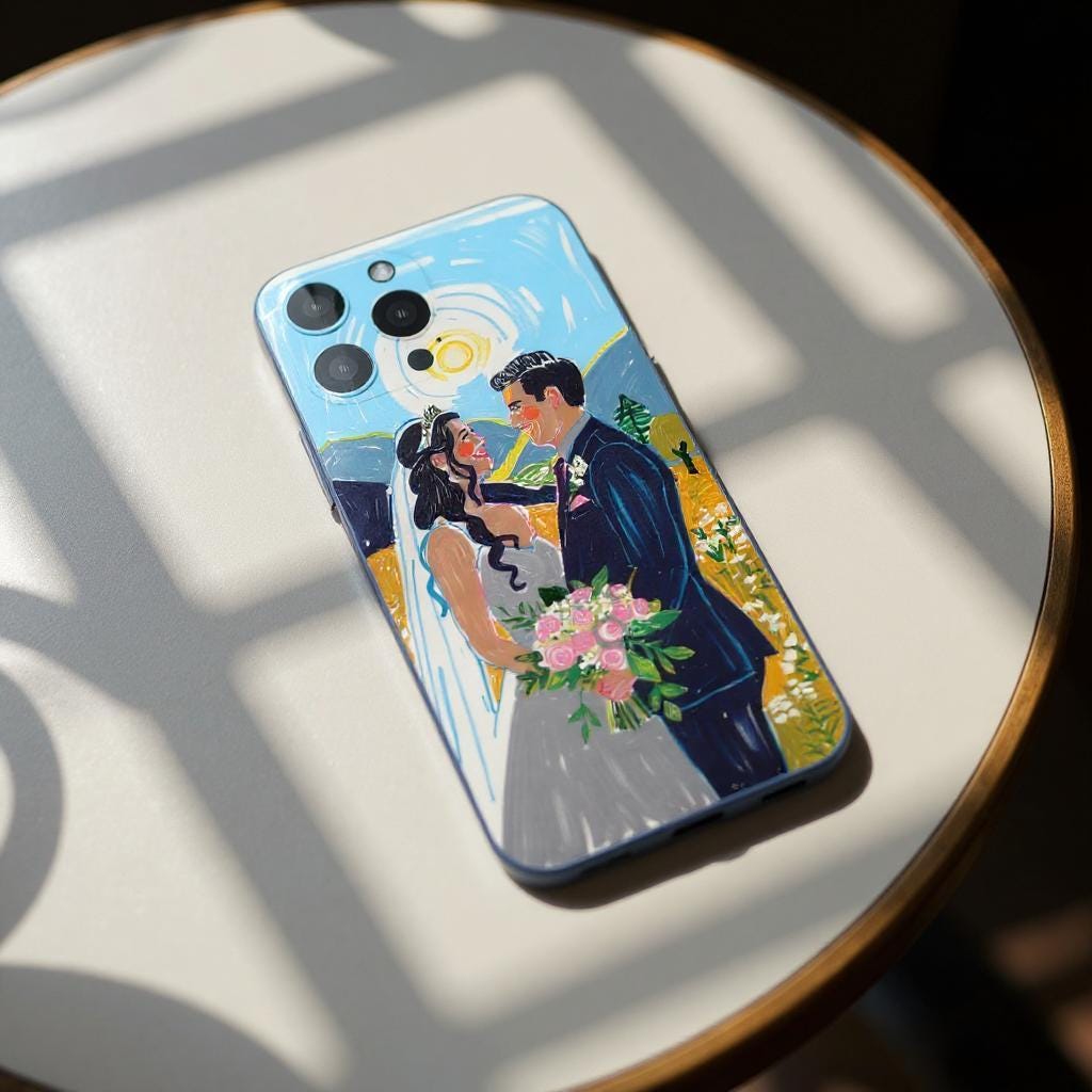 Sleek iPhone case with a hand - painted wedding couple portrait. Abstract landscape background, loose style, bold colors. Modern design, special wedding reminder.