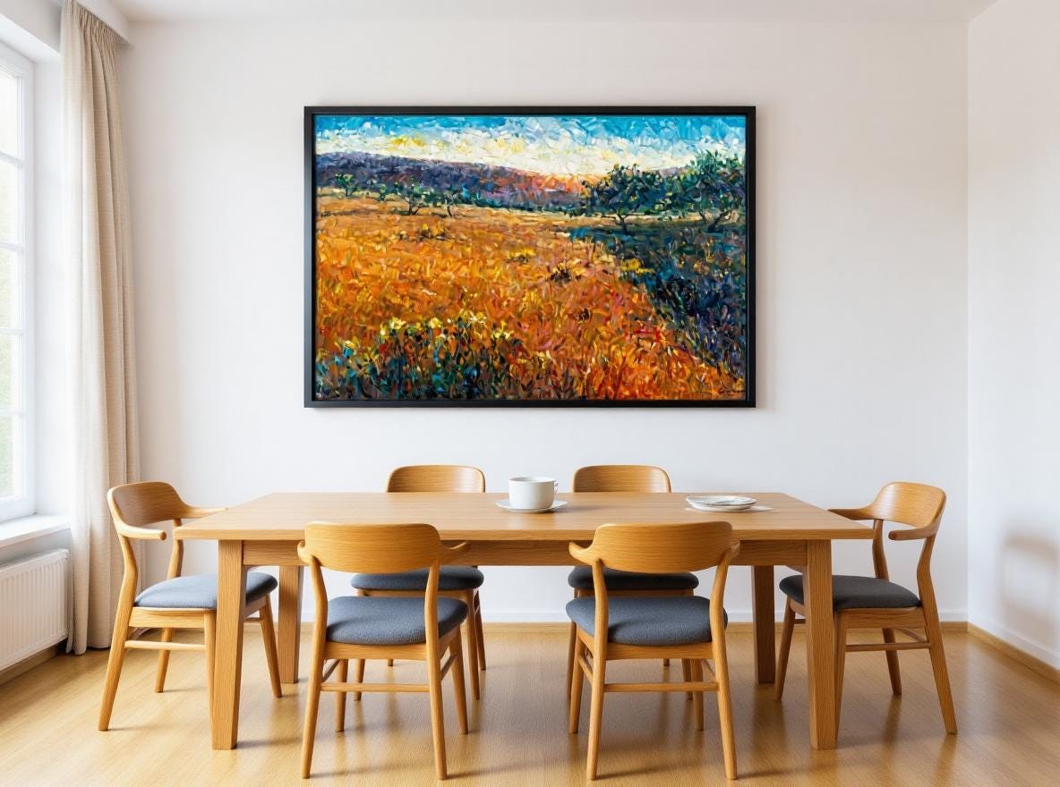 George Miller's 'Tuscany Sunset' energizes a Scandinavian dining room, centered above a light oak table. The painting’s fiery oranges, reds, and blues contrast crisply with white walls and blue-gray chairs. Natural light amplifies its luminous impasto textures, while earthy tones echo wood furniture. Transforms serene minimalism with rustic warmth, proving art enhances neutral spaces organically.