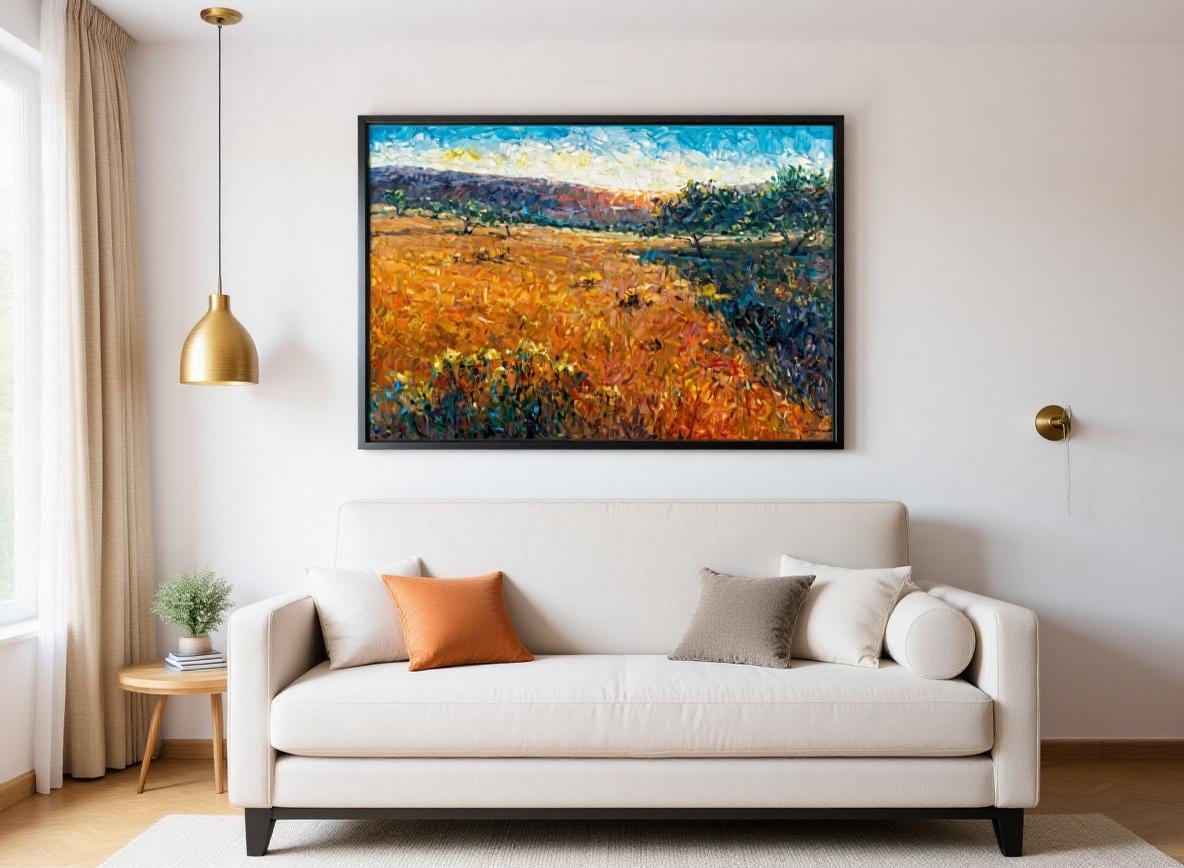 George Miller's 'Tuscany Sunset' commands a modern living room’s white accent wall. Textured golden fields and blue skies harmonize with a beige sofa featuring orange/gray cushions. Brass pendant lighting highlights the impasto details, while natural light intensifies vibrant hues. As a cohesive focal point, it bridges contemporary design with organic Tuscan energy.