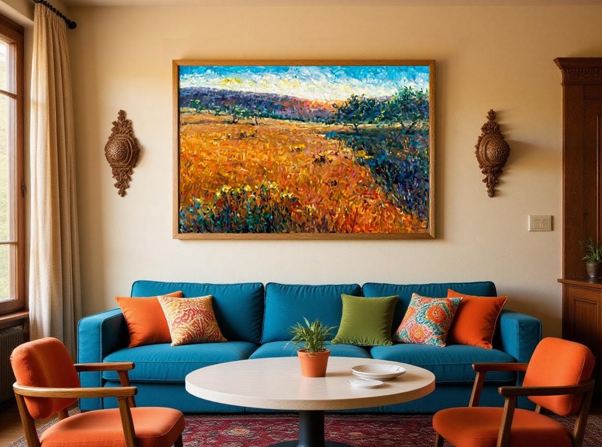 George Miller's 'Tuscany Sunset' anchors a mid-century living room. Displayed above a cerulean sofa with orange/green cushions, its bold impasto hues (golden fields, blue skies) coordinate decor tones. Wooden accents and cream table enhance warmth. Natural light amplifies vibrancy, proving how art drives cohesive color schemes in retro-modern spaces.