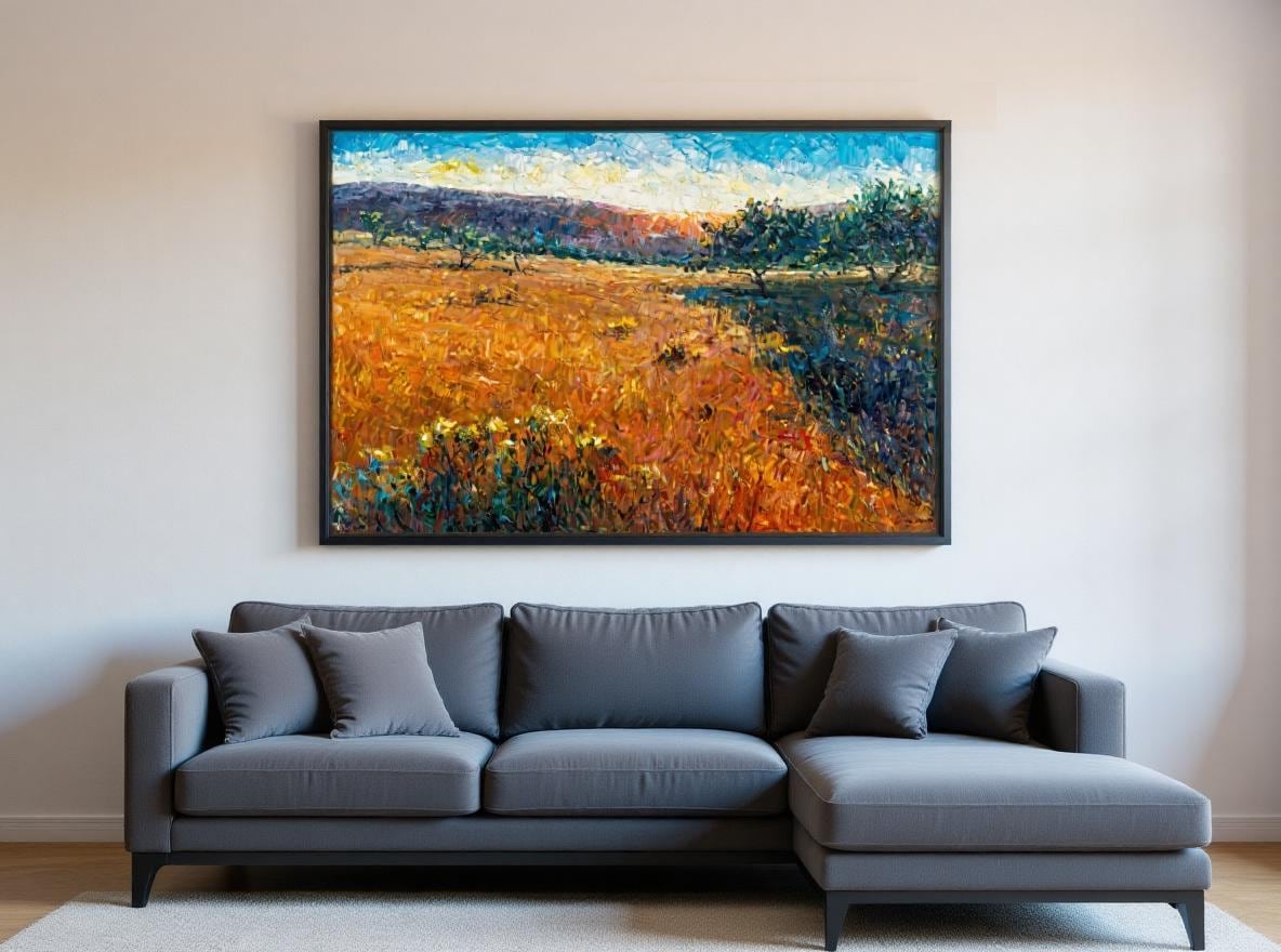 George Miller's 'Tuscany Sunset' creates a dynamic focal point in a serene living room. Hung above a gray sectional sofa, its textured golden fields and orange/yellow hues contrast minimalist white walls. Impasto strokes inject rustic energy, while earth tones harmonize with wood floors and light gray rug. Balances contemporary calm with Tuscan vitality.