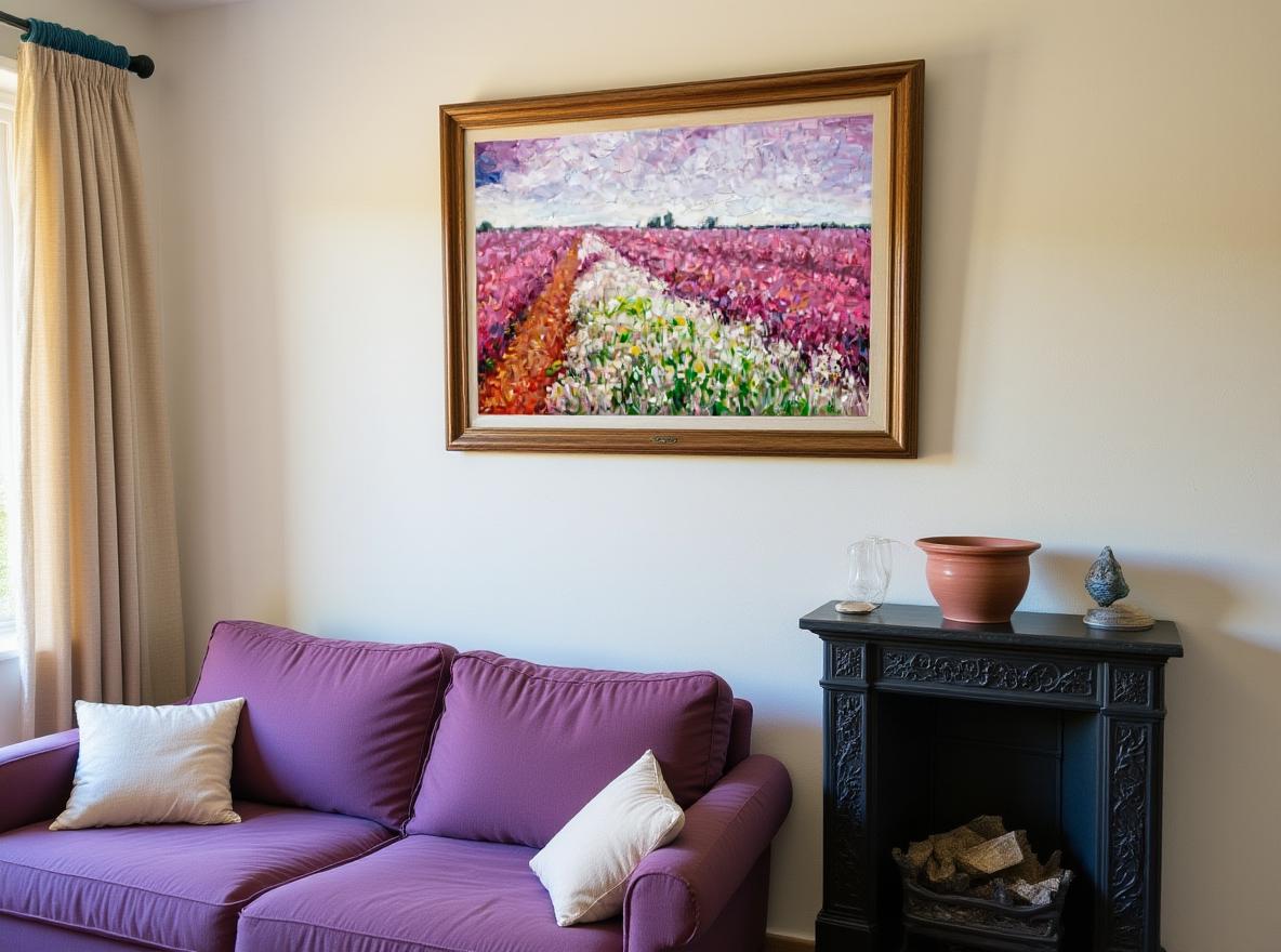 George Miller’s "Path Through the Blooms" displayed in a cozy modern-rustic living room. The vibrant floral oil painting hangs above a purple velvet sofa, echoing the artwork’s pink and orange hues. Terracotta pottery on a black mantel complements its warm tones, while cream walls amplify its vivid textures. Natural light highlights the painting’s role as a focal point that unifies rustic charm and contemporary comfort.