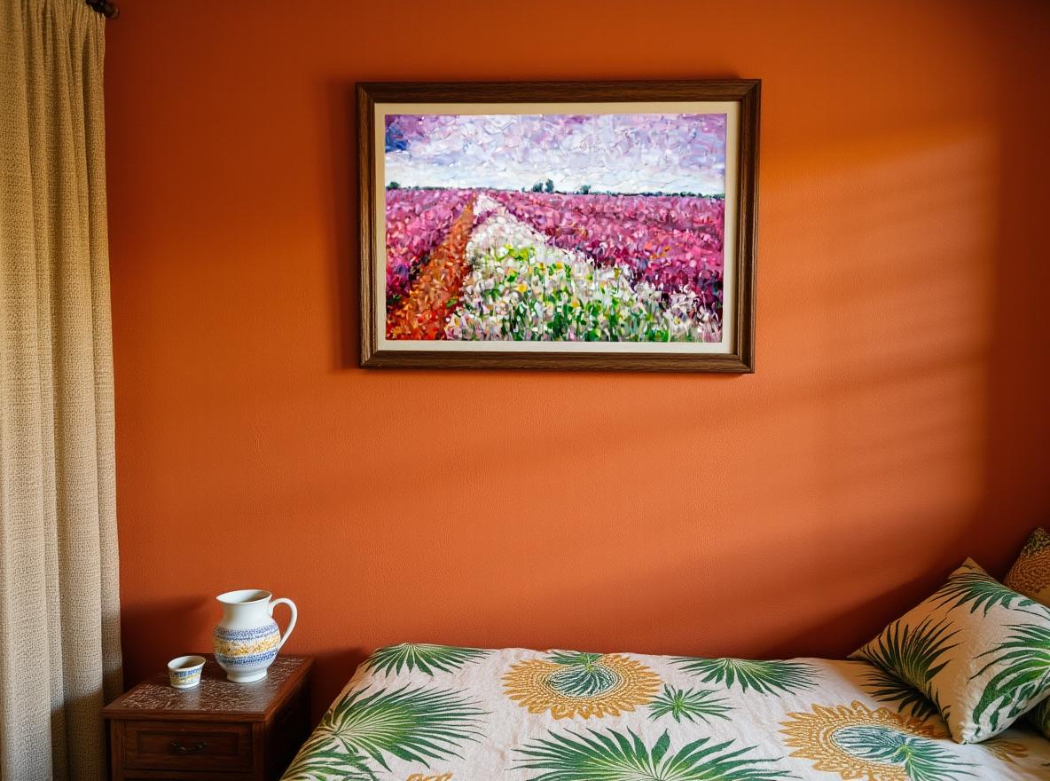 George Miller’s "Path Through the Blooms" brightens a mid-century modern bedroom. Its dynamic purple and pink blossoms complement an orange accent wall above the bed. Textured floral energy contrasts with minimalist wood nightstands and palm-print linens, transforming the space into an uplifting retreat while harmonizing with terracotta-toned walls for warm cohesion.