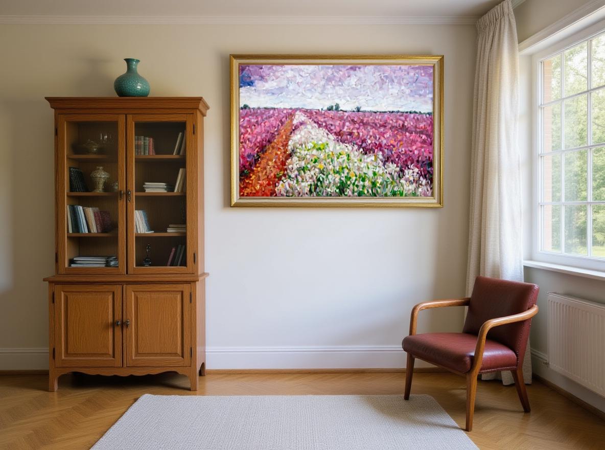 Study with bay window. A 180 cm high wooden bookcase with a celadon-glazed paperweight and a light gray linen rug. The painting is identical to the one in the picture, mounted on the side wall of the bay window, with the base of the painting 30cm above the top of the bookcase. The bookcase is 2.25 times the height of the painting, and the wall is 2.4 meters wide, with the painting occupying 50% of the width. The leather reading chair is 75cm wide.