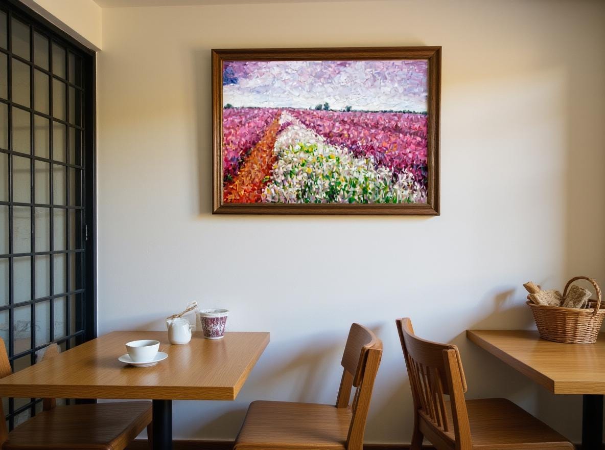 Breakfast nook partition wall. The banquette has a 50cm-high backrest with a wrought iron grid, and an oak dining table (160×80cm). The painting is identical to the one in the picture, mounted on the partition wall, with the painting's height of 80cm, 1.6 times the backrest's height. The wall is 2 meters wide, with the painting occupying 60% of the horizontal space. The brass bread basket has a diameter of 30cm.