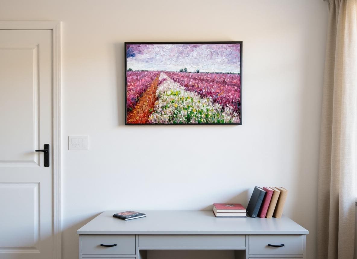 Nordic minimalist study. White walls are paired with a light gray desk (200×80cm), and a recessed bookcase is built into the wall. The painting is identical to the one in the picture, placed in the center of the wall opposite the desk, with the top of the painting 80cm from the ceiling. The desk's length is 1.67 times the painting's width. The wall is 2.6 meters wide, and the painting occupies 46.2% of the width. Linen curtains allow 70% light transmittance.