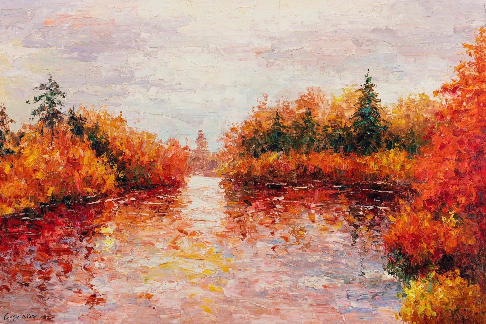 George Miller's original oil painting, "Autumn Reflections," captures the vibrant colors of fall. The textured brushstrokes and rich hues create a captivating landscape, showcasing Miller's unique artistic vision.