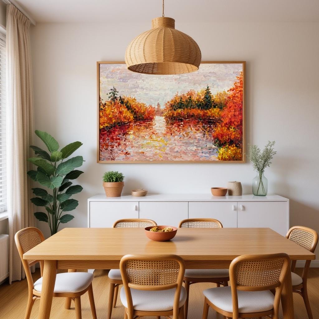 George Miller's "Autumn Reflections" adds a touch of warmth to a rustic dining room. The painting's colors complement the natural wood tones, enhancing the room's inviting atmosphere. The artwork serves as a conversation starter, adding a layer of personality to the space.