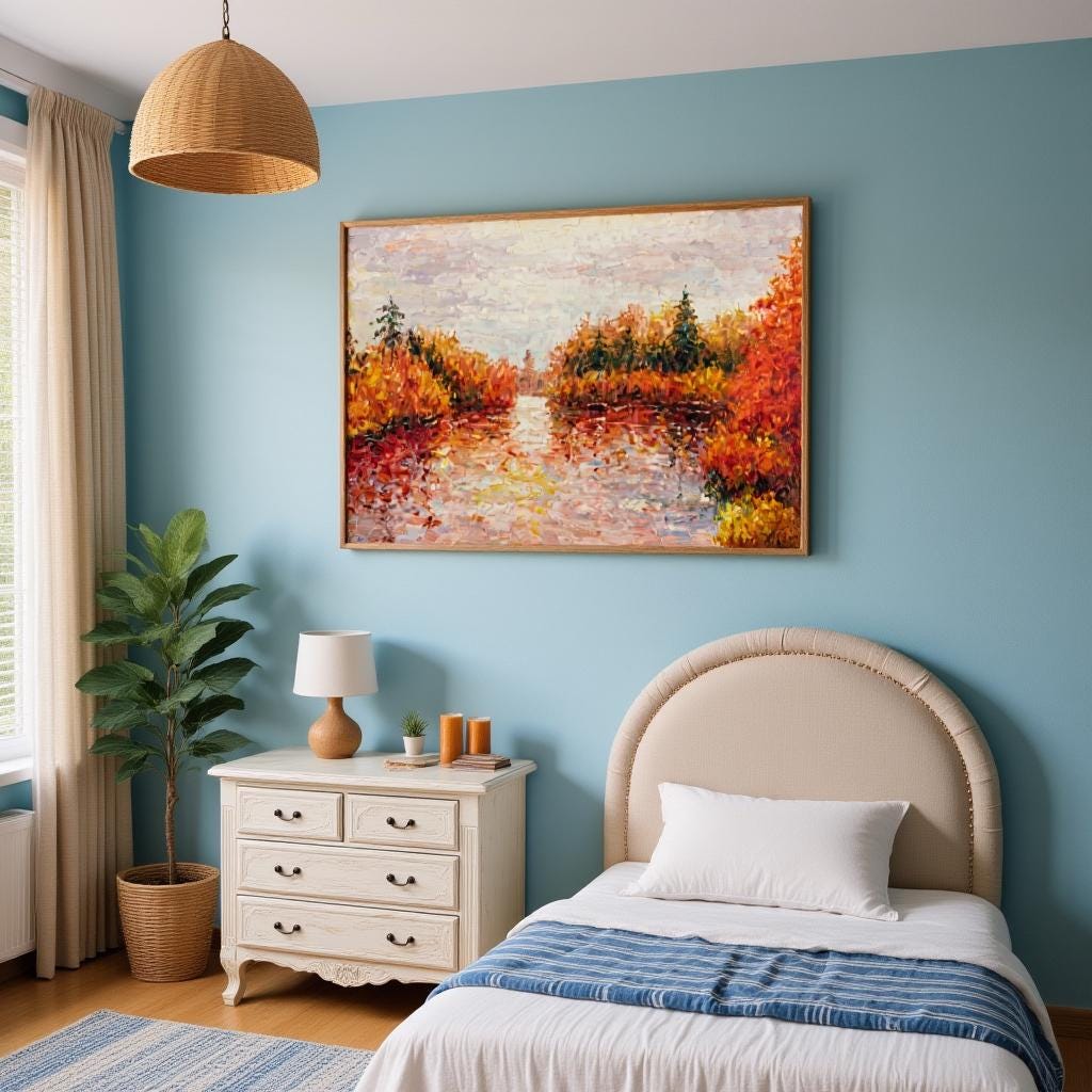 George Miller's "Autumn Reflections" enhances a cozy bedroom with its warm colors. The painting complements the light blue walls, creating a serene atmosphere. The artwork adds a focal point, bringing a touch of nature indoors.