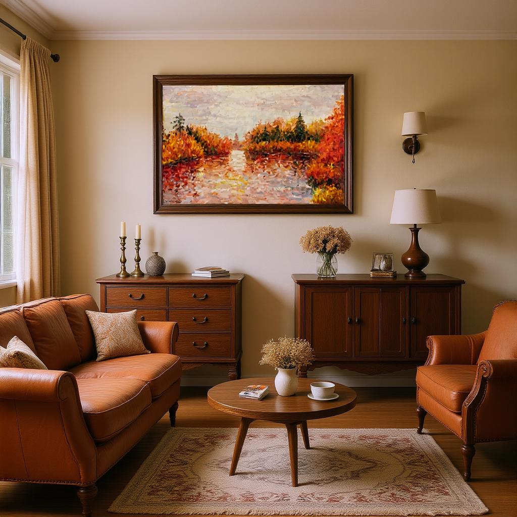 George Miller's "Autumn Reflections" adds a touch of elegance to a traditional living room. The painting's colors complement the warm wood tones, enhancing the room's classic atmosphere. The artwork serves as a conversation starter, adding a layer of sophistication to the space.