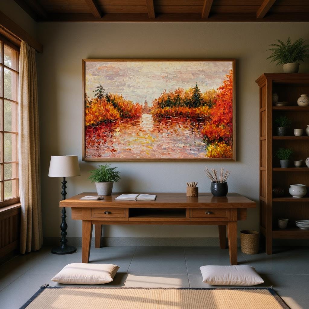 George Miller's "Autumn Reflections" brings a sense of calm to a minimalist office. The painting's colors complement the neutral tones, creating a balanced and focused environment. The artwork adds a touch of nature, making the space feel more inviting.