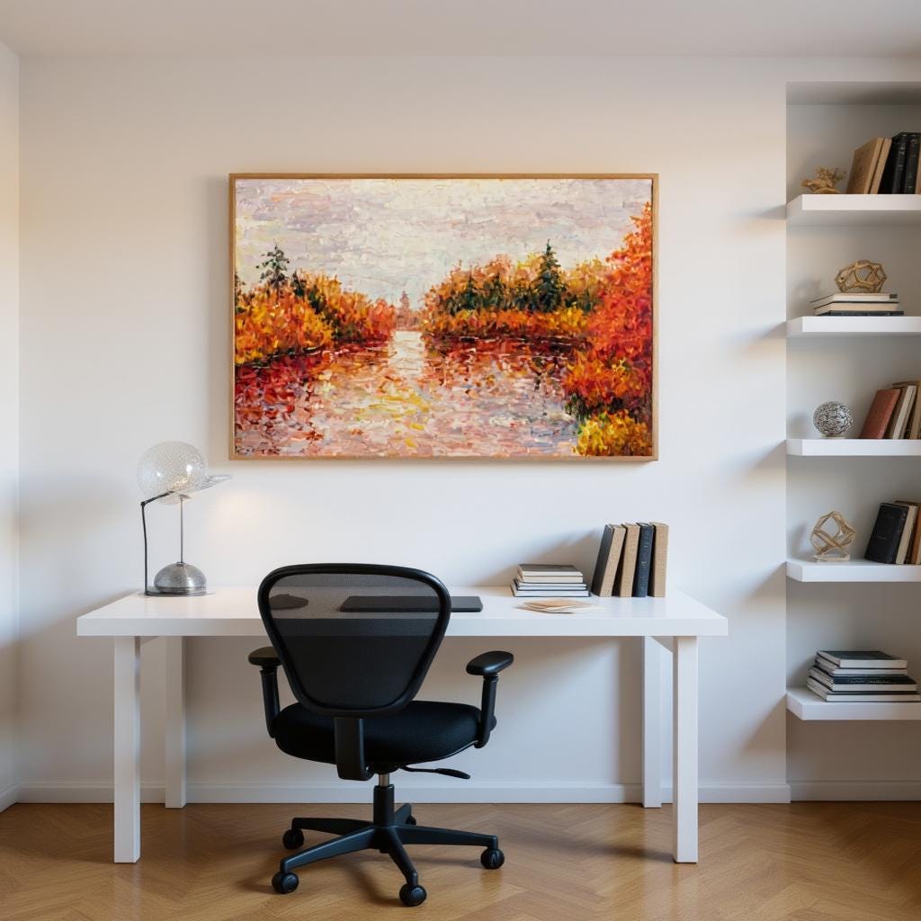 George Miller's "Autumn Reflections" adds a touch of inspiration to a modern office. The painting's colors complement the white walls, creating a clean and creative environment. The artwork serves as a focal point, adding a layer of depth to the space.