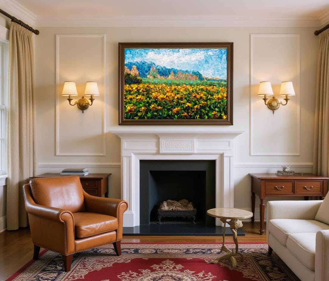 George Miller's "Sunflowers Beneath the Cliffs" enhances a traditional living room with its classic beauty and warm hues. The painting complements the elegant furniture and adds a focal point that brings the room together in style.