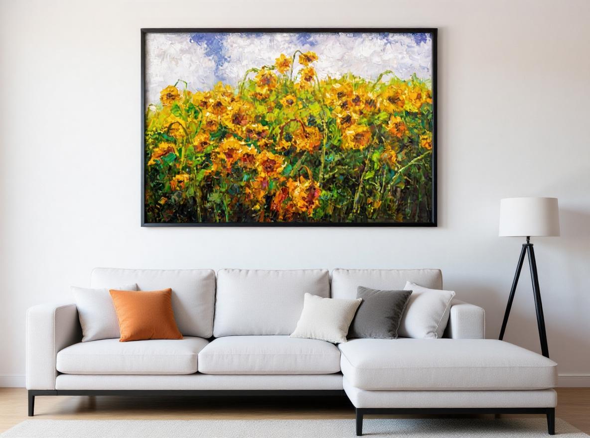 George Miller's "Sun Worshippers" enhances a modern living room with its cheerful colors and natural theme. This painting adds warmth and an artistic focal point to the minimalist décor, creating an inviting and stylish space.