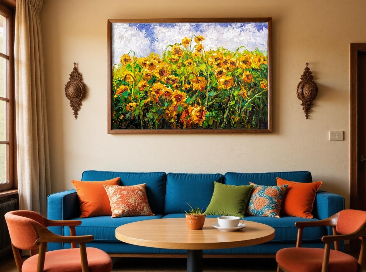 George Miller's "Sun Worshippers" brings a vibrant and artistic touch to a colorful living room. The painting adds a focal point to the room, harmonizing with the eclectic decor to create a lively and inviting atmosphere.