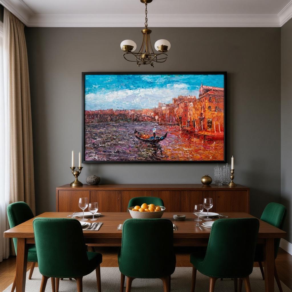 George Miller's "Venetian Reflections" enhances a luxurious dining room with its rich colors and elegant composition. The artwork complements the room's sophisticated decor, adding a touch of Venetian charm and artistic flair.