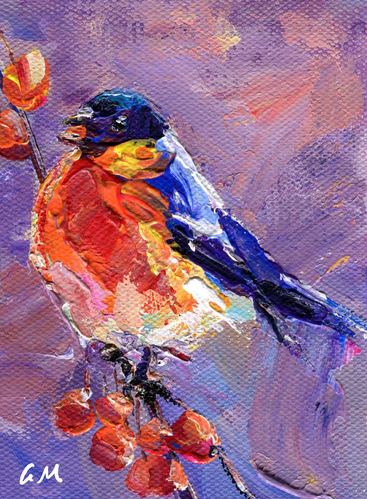 Expressive oil painting of a colorful bird perched on a berry branch, unframed canvas with bold red, blue, and purple hues, textured brushwork, initialed in corner