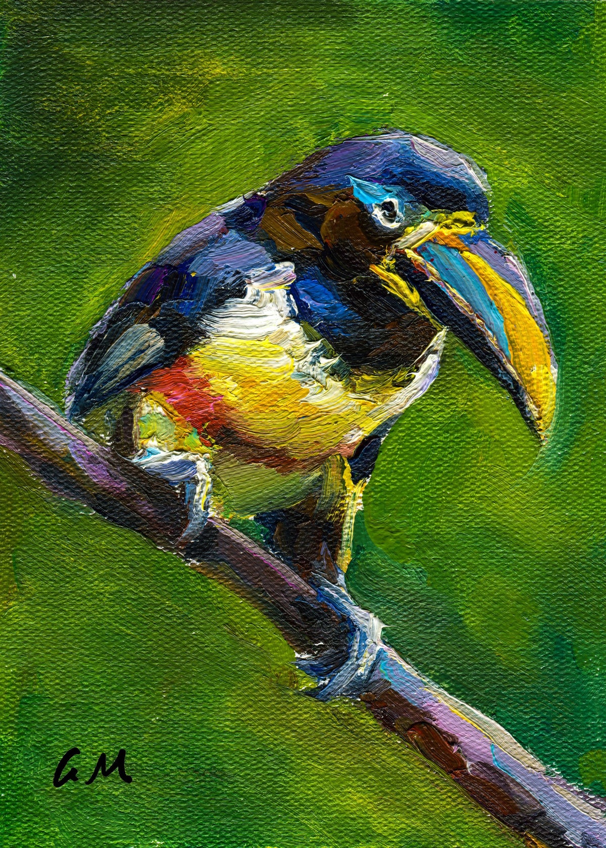 Hand-painted oil portrait of a colorful toucan perched on a branch, vibrant green background, unframed canvas artwork with artist initials