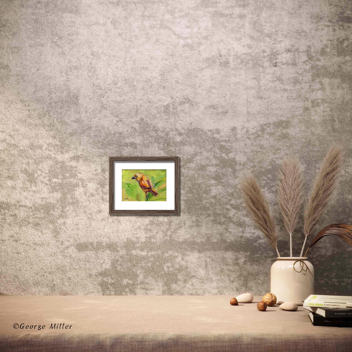 Modern Art Bird Painting Palette Knife Technique Vibrant Spring Nature Scene