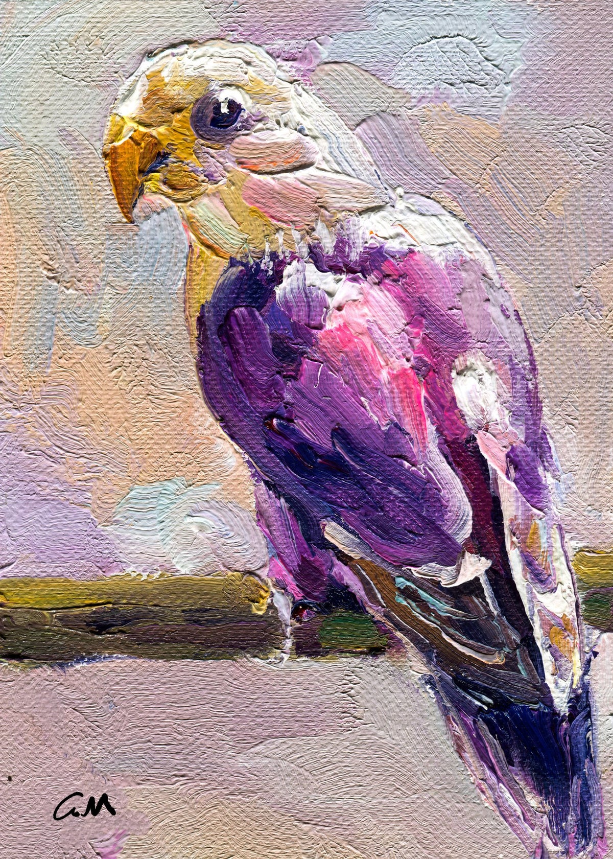 Textured oil painting of a purple parrot with expressive brushwork, unframed on canvas, signed by artist CM