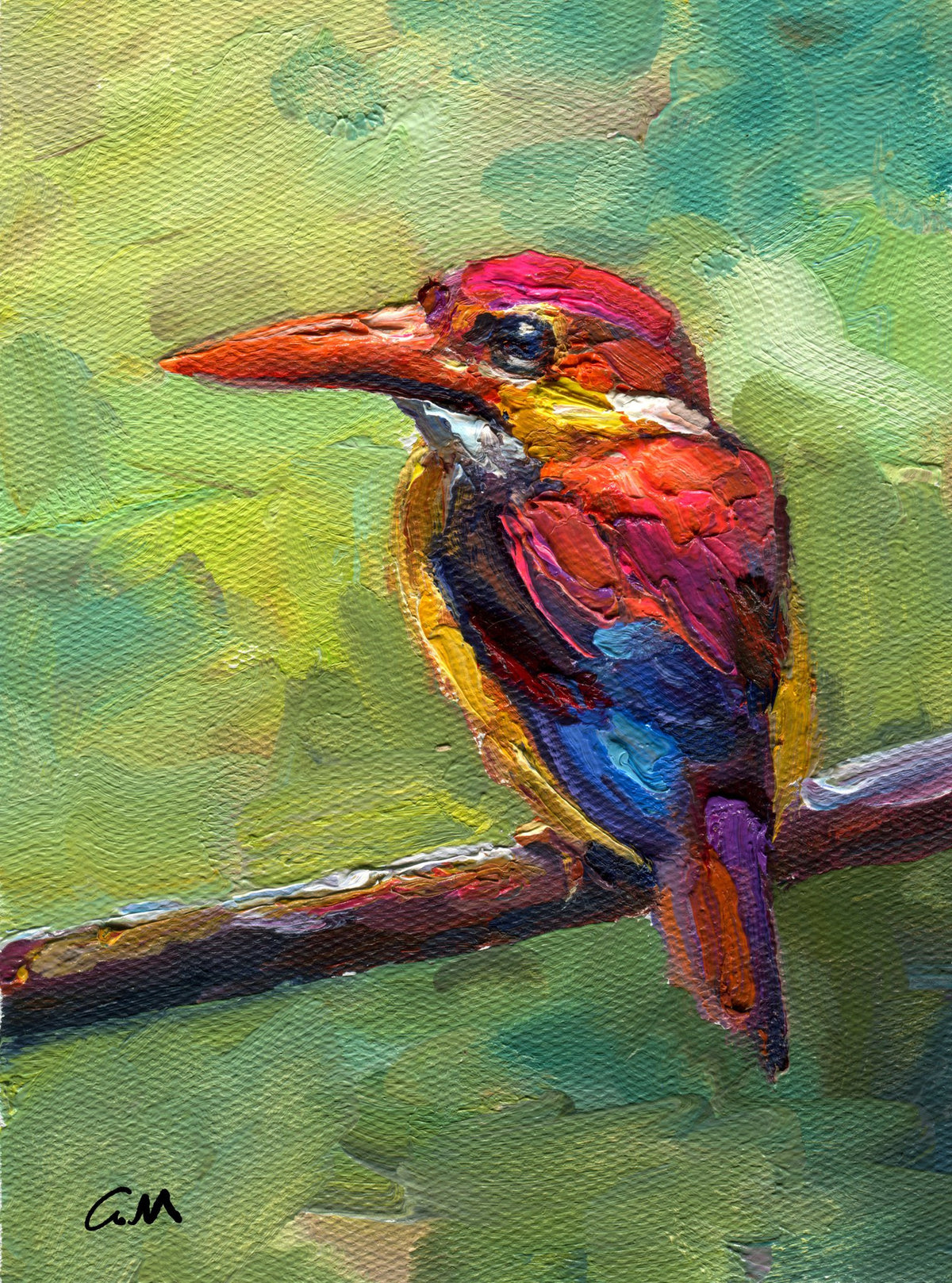 Vibrant oil painting of a kingfisher perched on a branch, featuring bold red, blue, and green hues with thick impasto texture, unframed on canvas