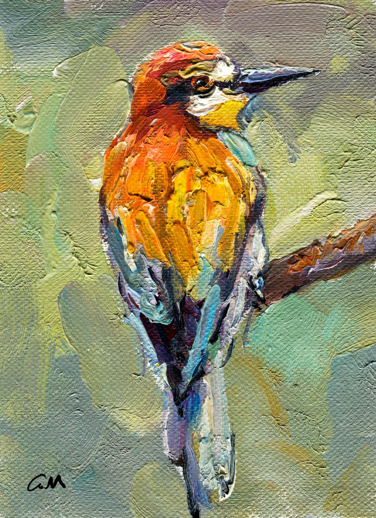 Vibrant oil painting of a woodpecker in orange, yellow, and green hues, unframed on canvas with textured brushwork and signature visible
