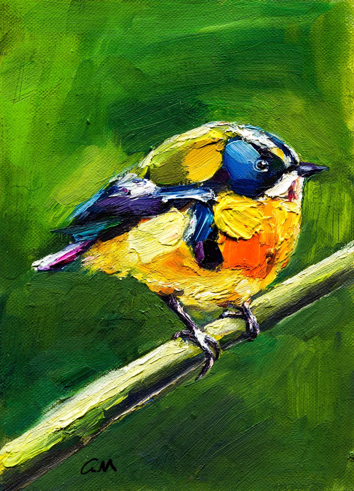 Hand-painted oil artwork of a vibrant bird perched on a branch, featuring bold yellow, blue, and green hues with textured brushwork on canvas, unframed