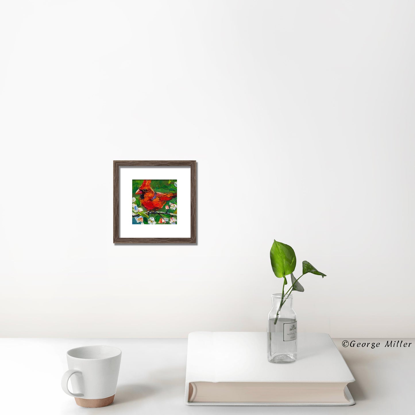 Impasto Painting, "Cardinal's Spring Serenade," Textured Bird and Flower Art
