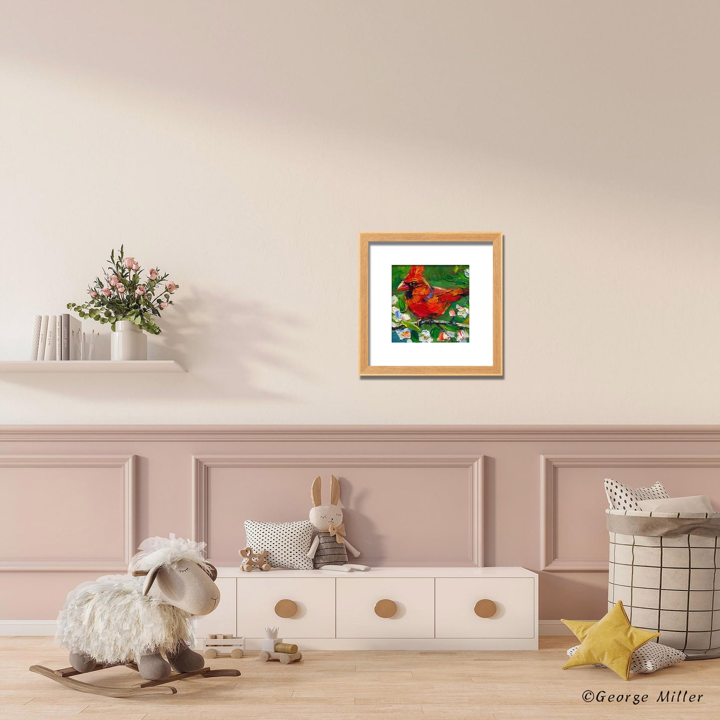 Impasto Painting, "Cardinal's Spring Serenade," Textured Bird and Flower Art
