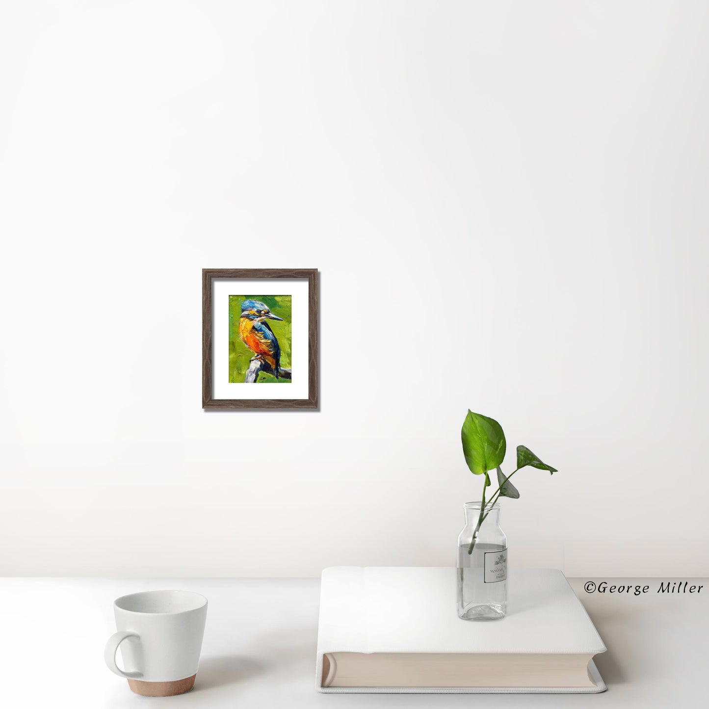 Original Oil Painting Kingfisher on Branch - Palette Knife Texture