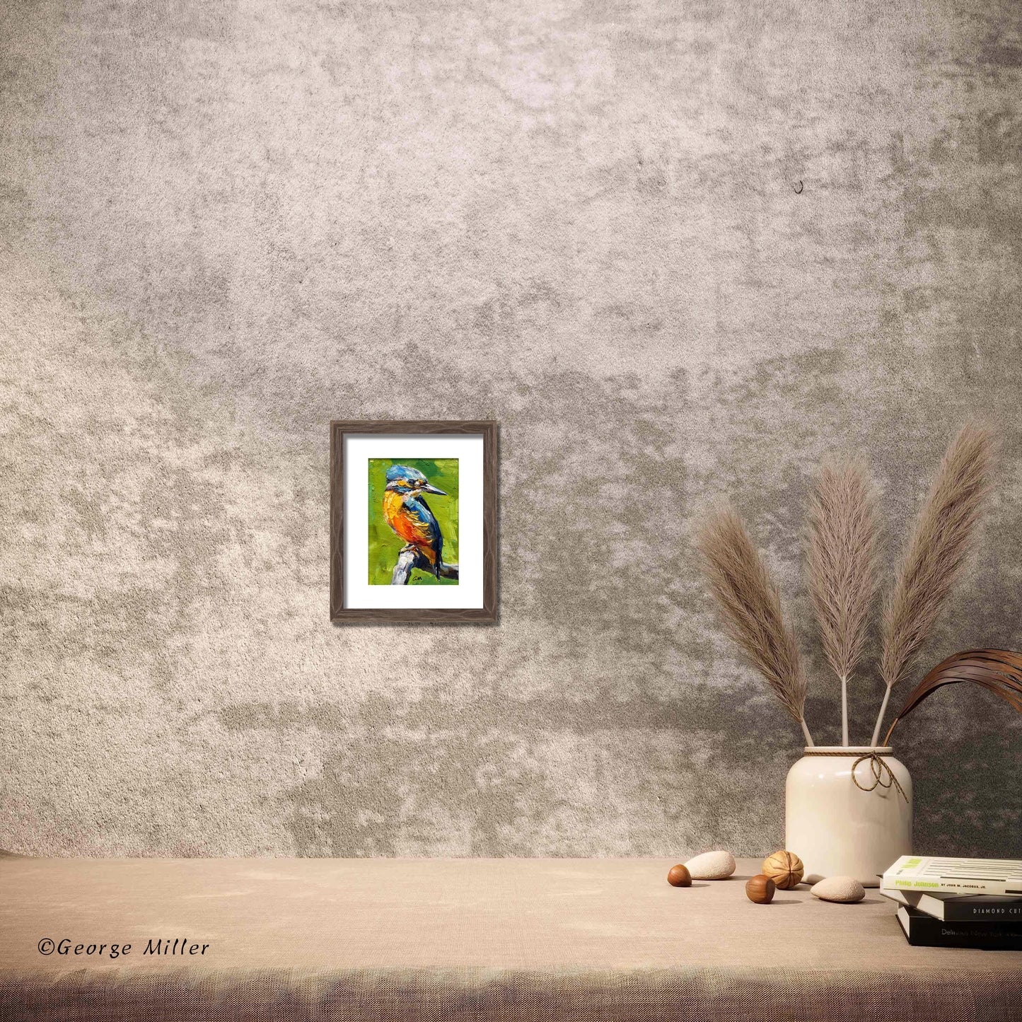 Original Oil Painting Kingfisher on Branch - Palette Knife Texture