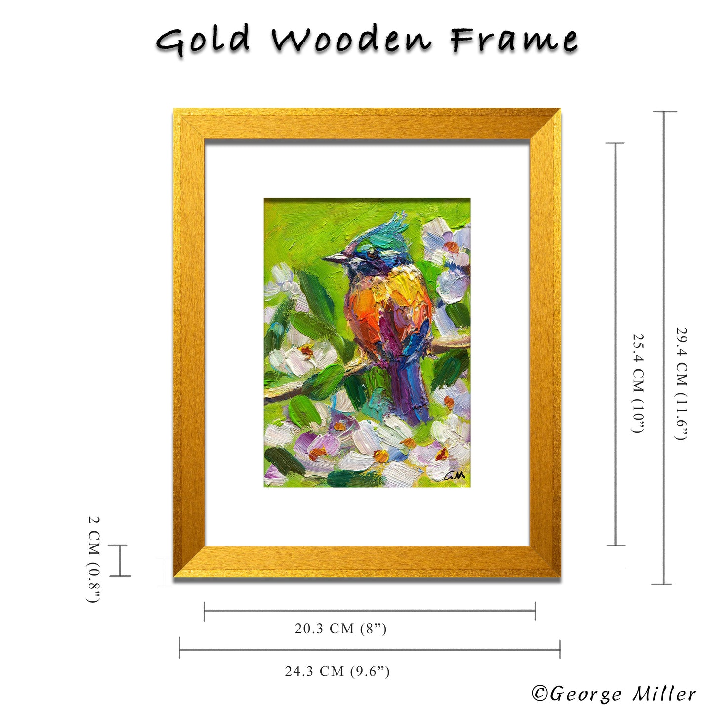 Colorful Bird Art, Original Oil Painting, Textured Bird on Branch with Flowers, Impressionistic Style, Nature Wall Decor