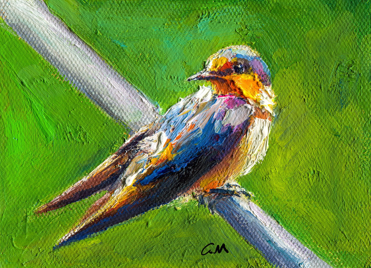 Vibrant oil painting of a colorful bird perched on a wire against a green background, unframed canvas with thick impasto texture and visible signature