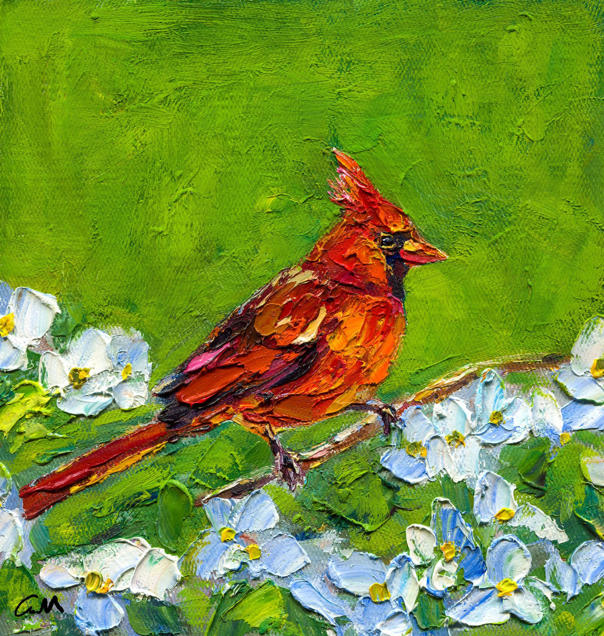 Vibrant oil painting of a red cardinal perched on a branch with white flowers against a green background, unframed canvas artwork
