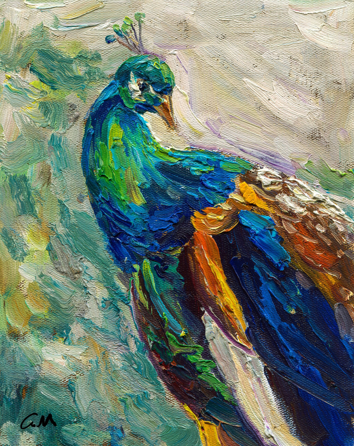 Vertical oil painting of a vibrant peacock in rich blues, greens, and yellows, textured impasto brushwork on canvas, unframed, signed by G.M.