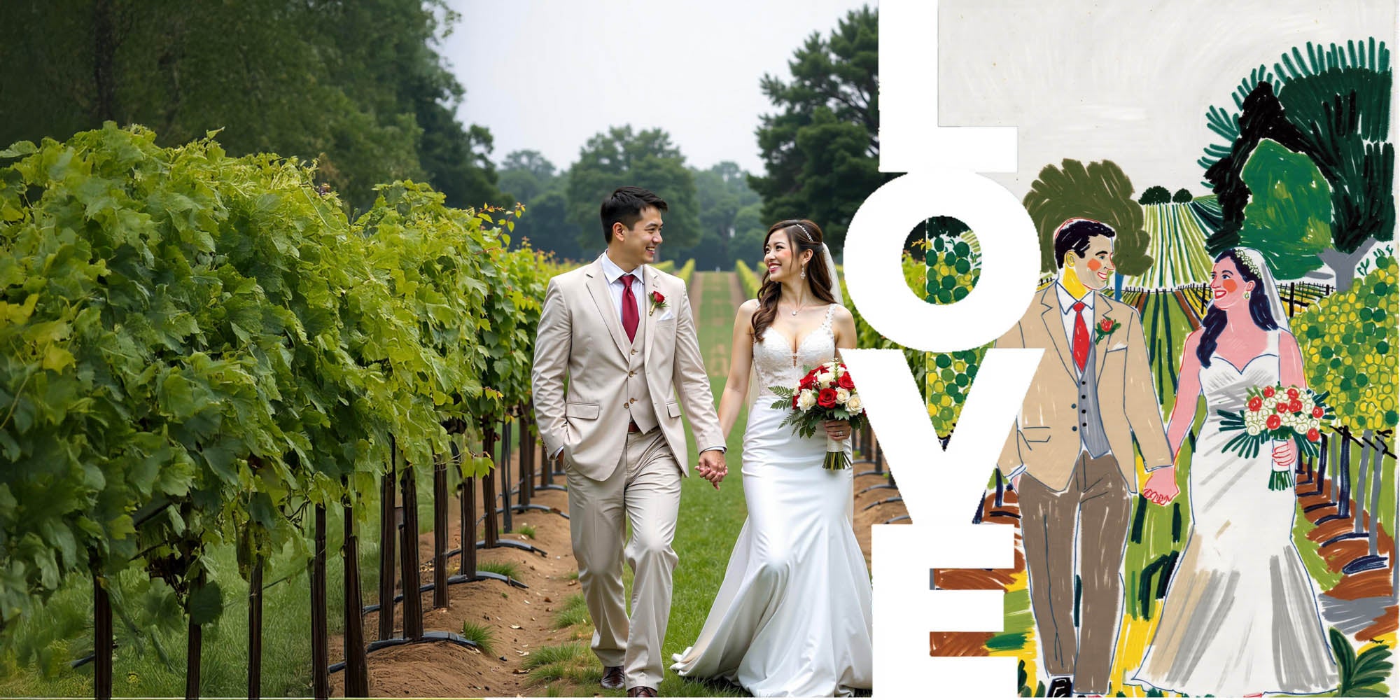 All starts with a story, like LOVE. A split image showcasing a real wedding photo on one side and a custom illustration-style digital portrait of the same couple on the other.