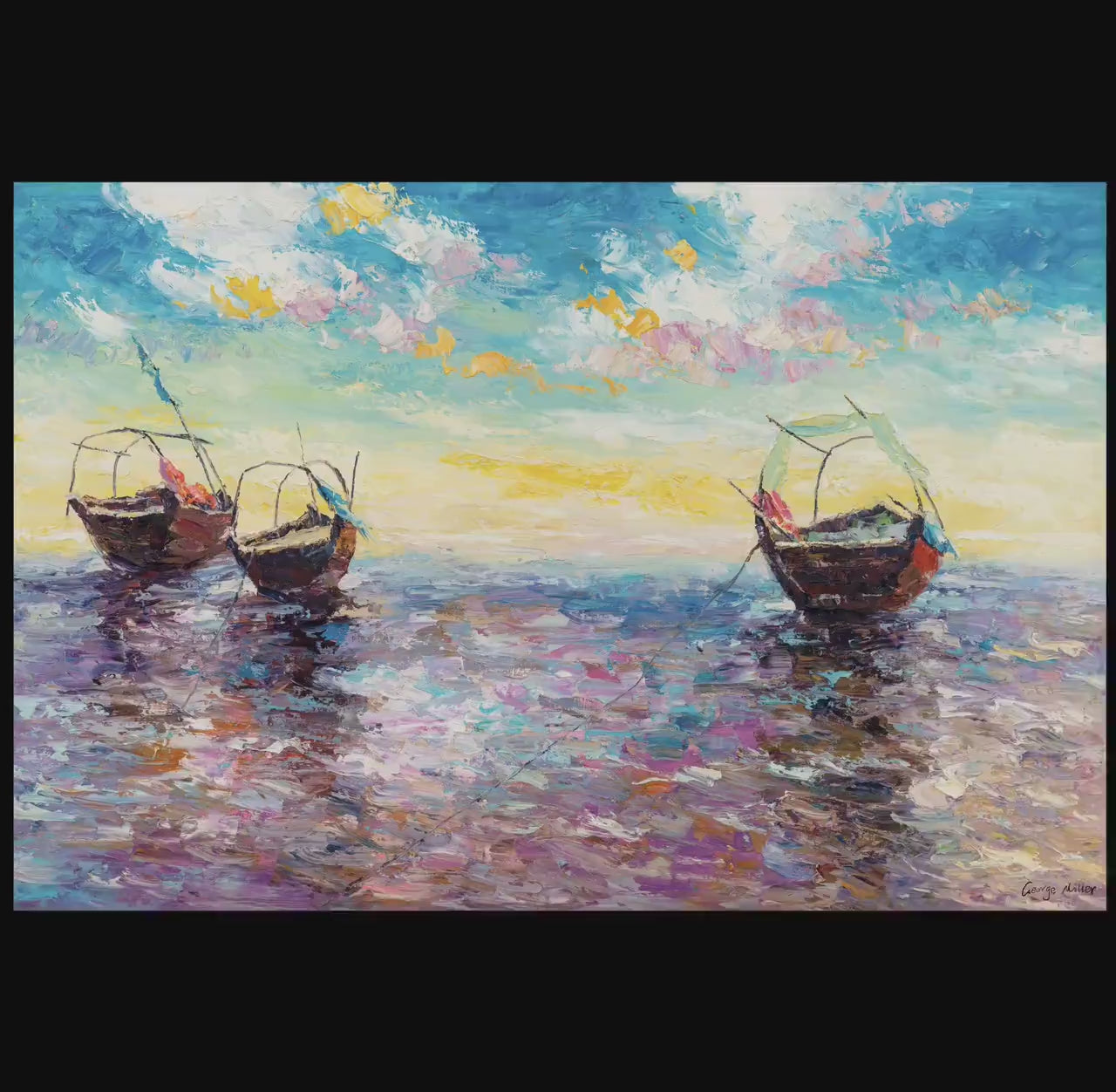 Original Oil Painting - "Serene Boats at Sunrise" by George Miller: Textured Seascape Painting