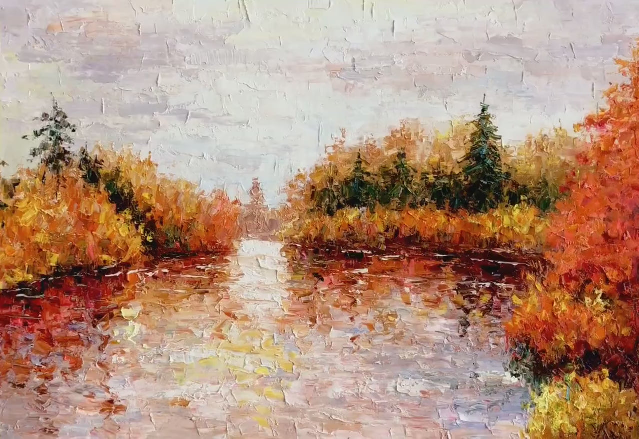 Original Oil Painting, Large Textured Art, "Autumn Reflections", Modern Landscape, Impasto Artwork