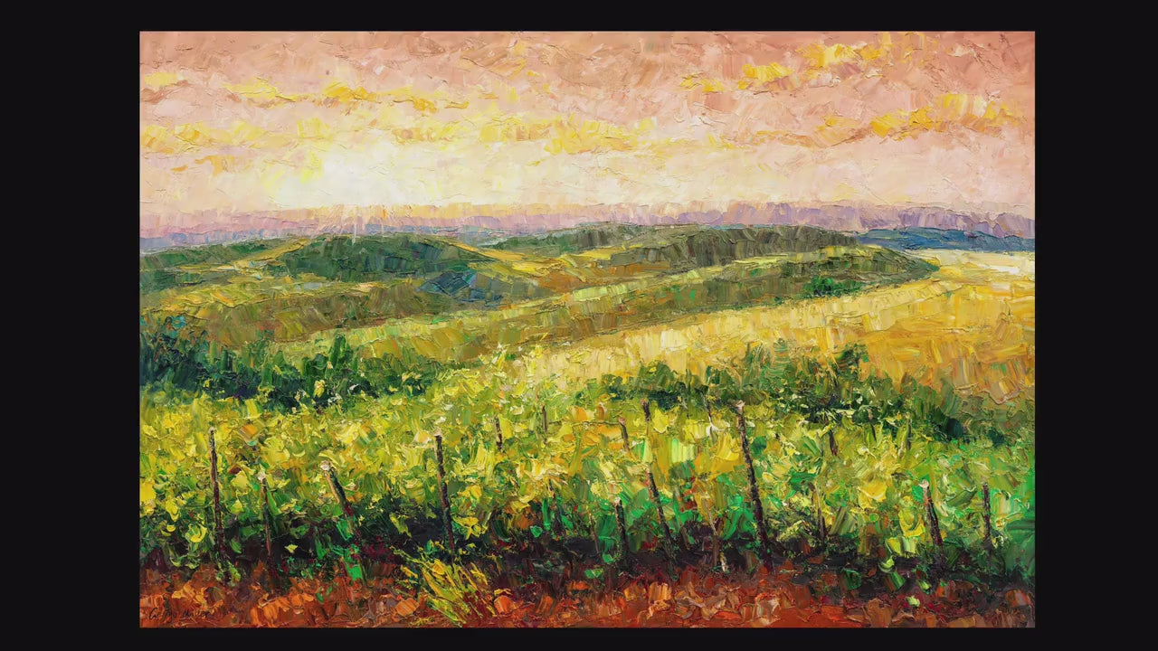 Golden Hour Vineyard Large Landscape Oil Painting - Palette Knife Painting - Rustic Home Decor - Original Art by George Miller