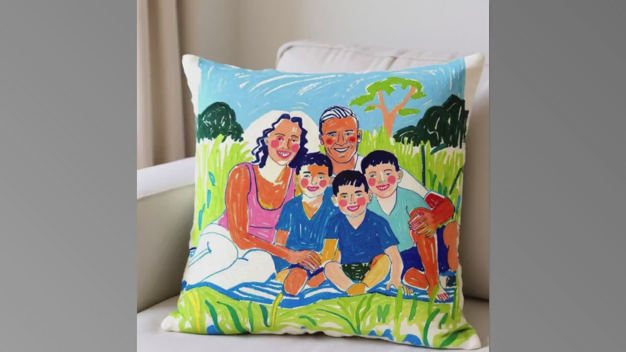 Custom Family Portrait Pillow - Colorful Illustrated Throw Pillow from Your Photo - Custom Artwork Cushion with Family or Pets