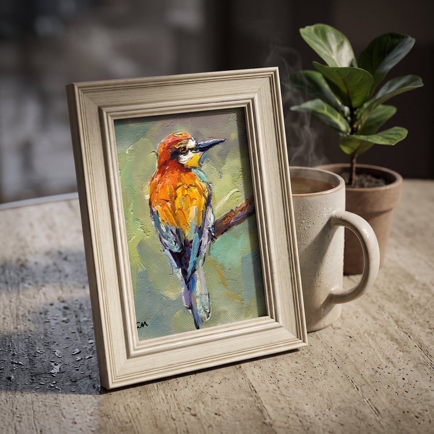 Rustic Farmhouse Kitchen Nook — Vibrant bird painting adds warmth and nature-inspired energy to a cozy morning scene