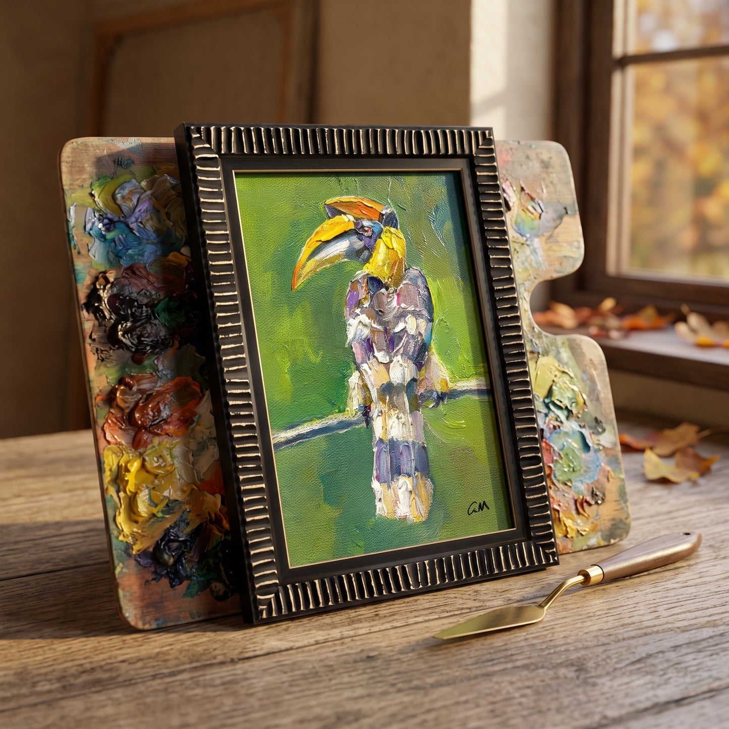 Artist's Studio, Rustic Creative Space — Expressive Hornbill Painting Adds Vibrant Energy and Artistic Focus