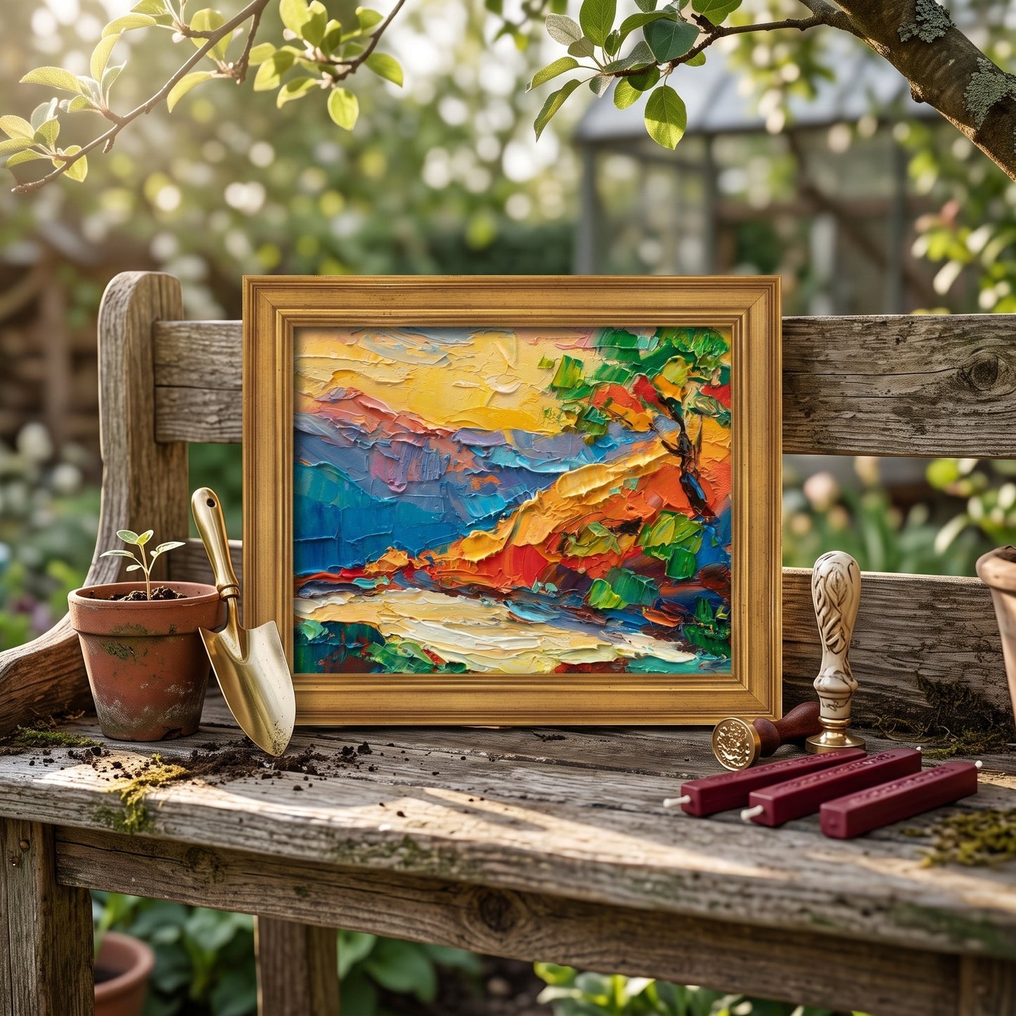Garden Bench, Rustic Outdoor — Expressionist landscape painting adds vibrant color and texture to a serene natural setting