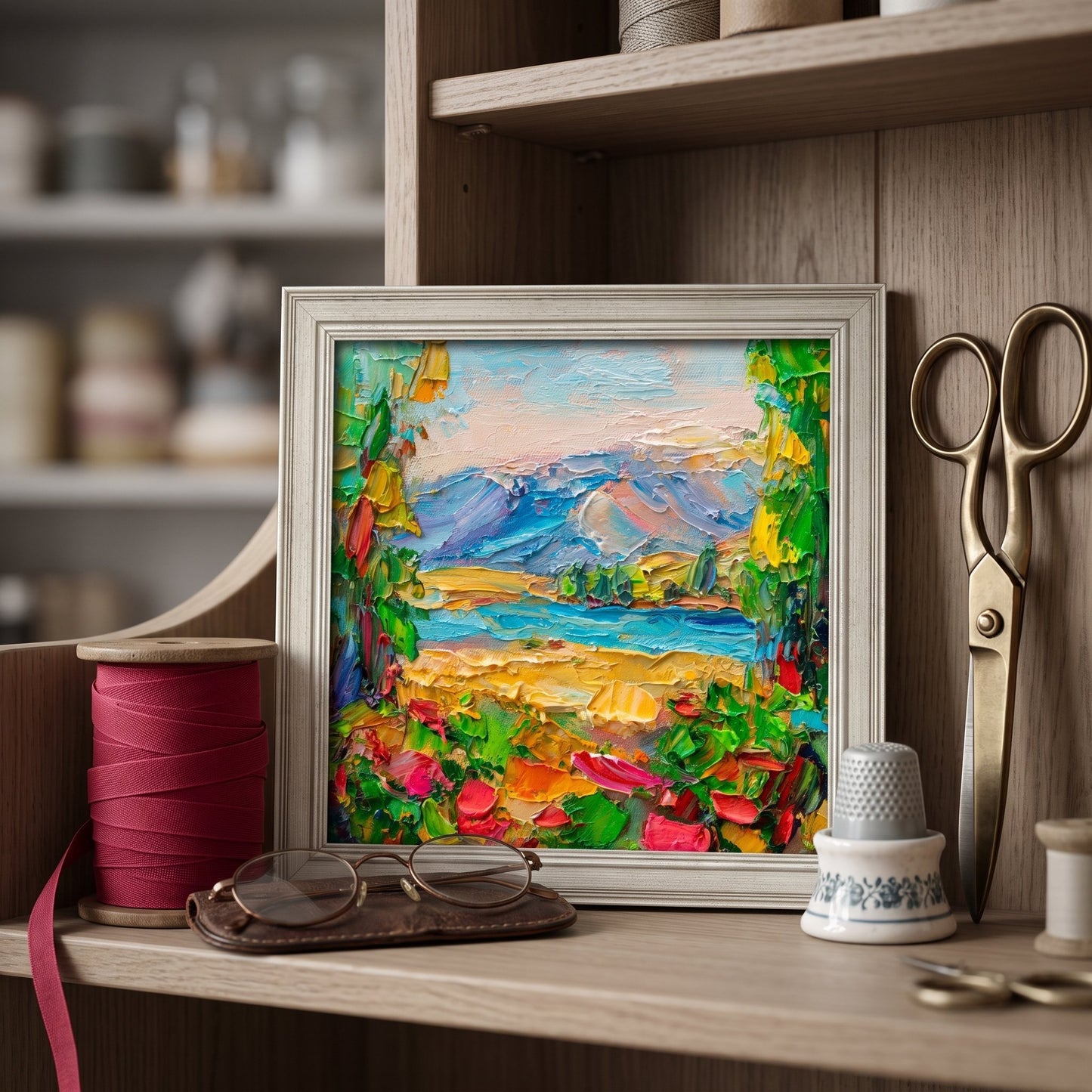 Rustic farmhouse craft room — vibrant landscape painting adds color and artistic energy to the workspace